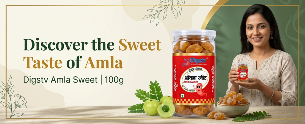 Digstv Amla Sweet 100g jar showcased with an Indian woman and fresh amla fruits.