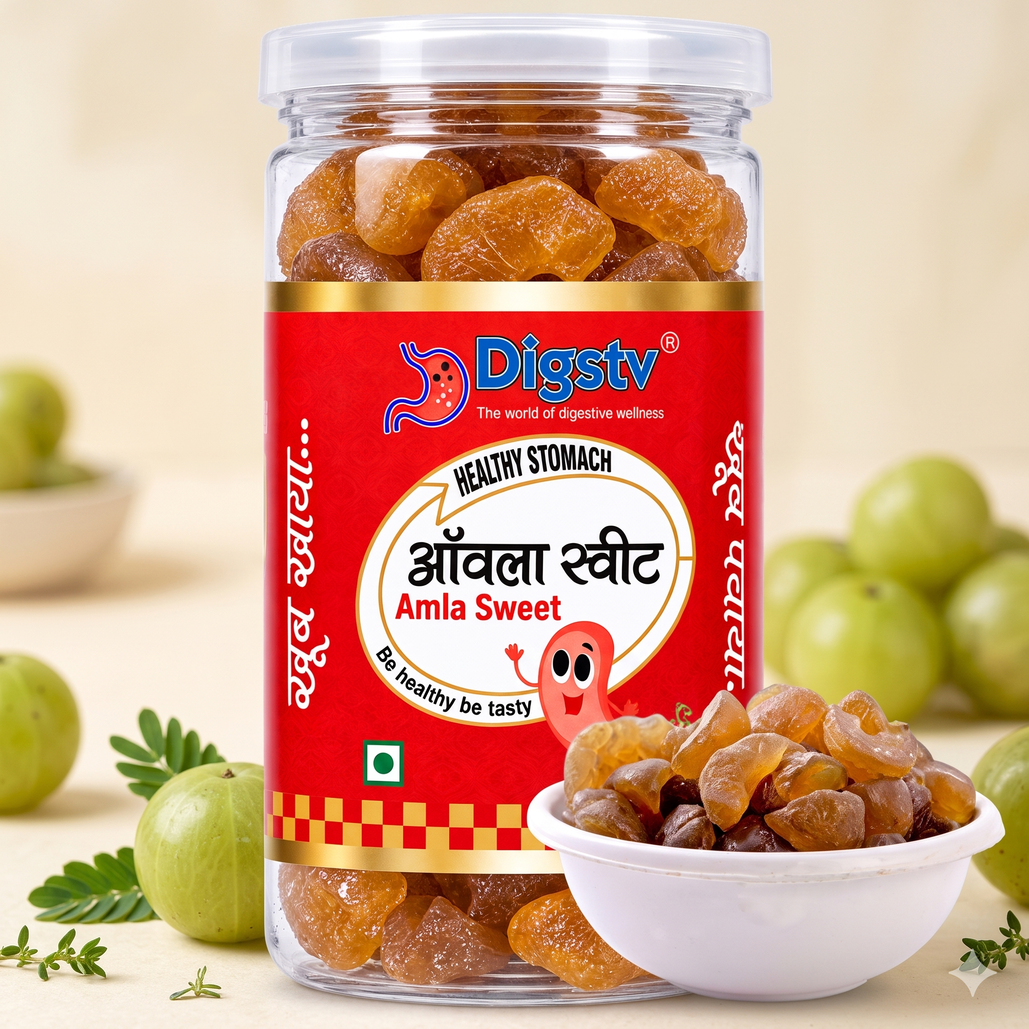 Digstv Amla Sweet 100g jar with fresh amla fruits and sweet amla pieces.