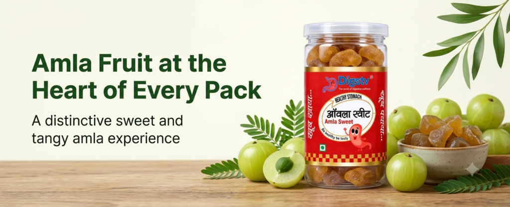 Digstv Amla Sweet 100g with fresh Indian gooseberries and sweet amla pieces.