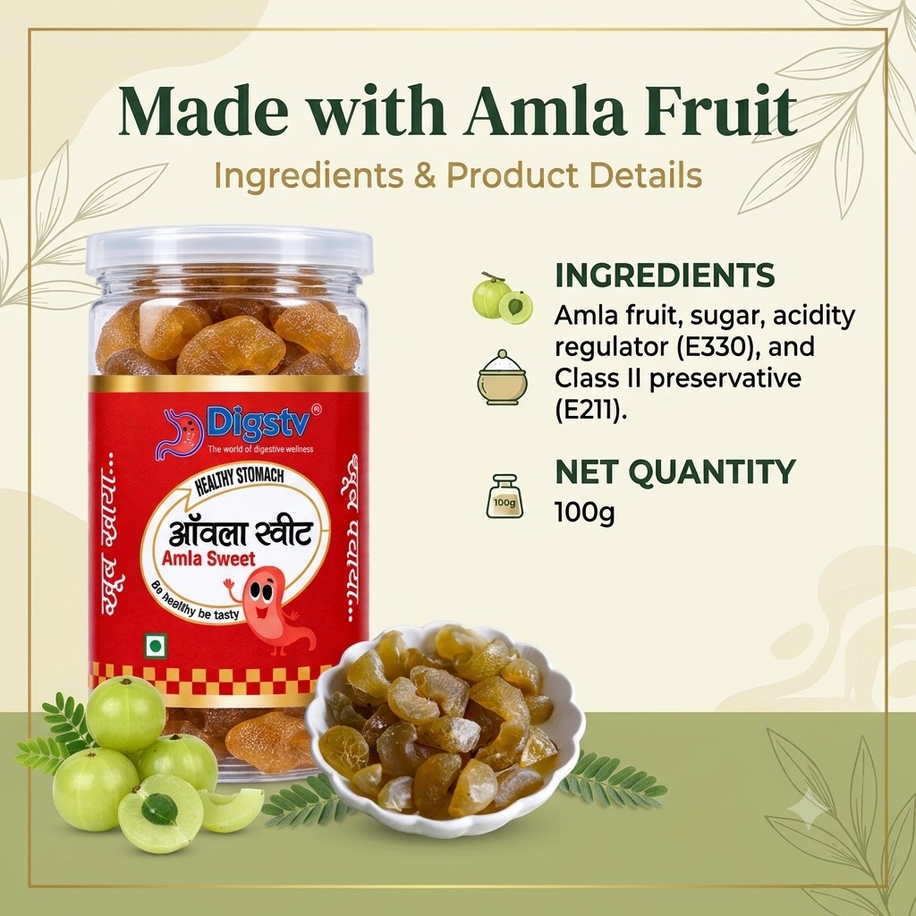 Digstv Amla Sweet ingredients information featuring Indian gooseberries and the 100g product pack.