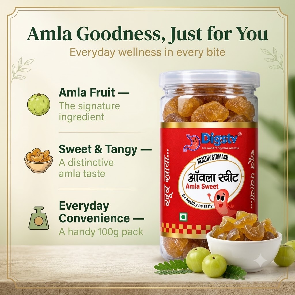 Digstv Amla Sweet product features with fresh amla fruit and a 100g jar.