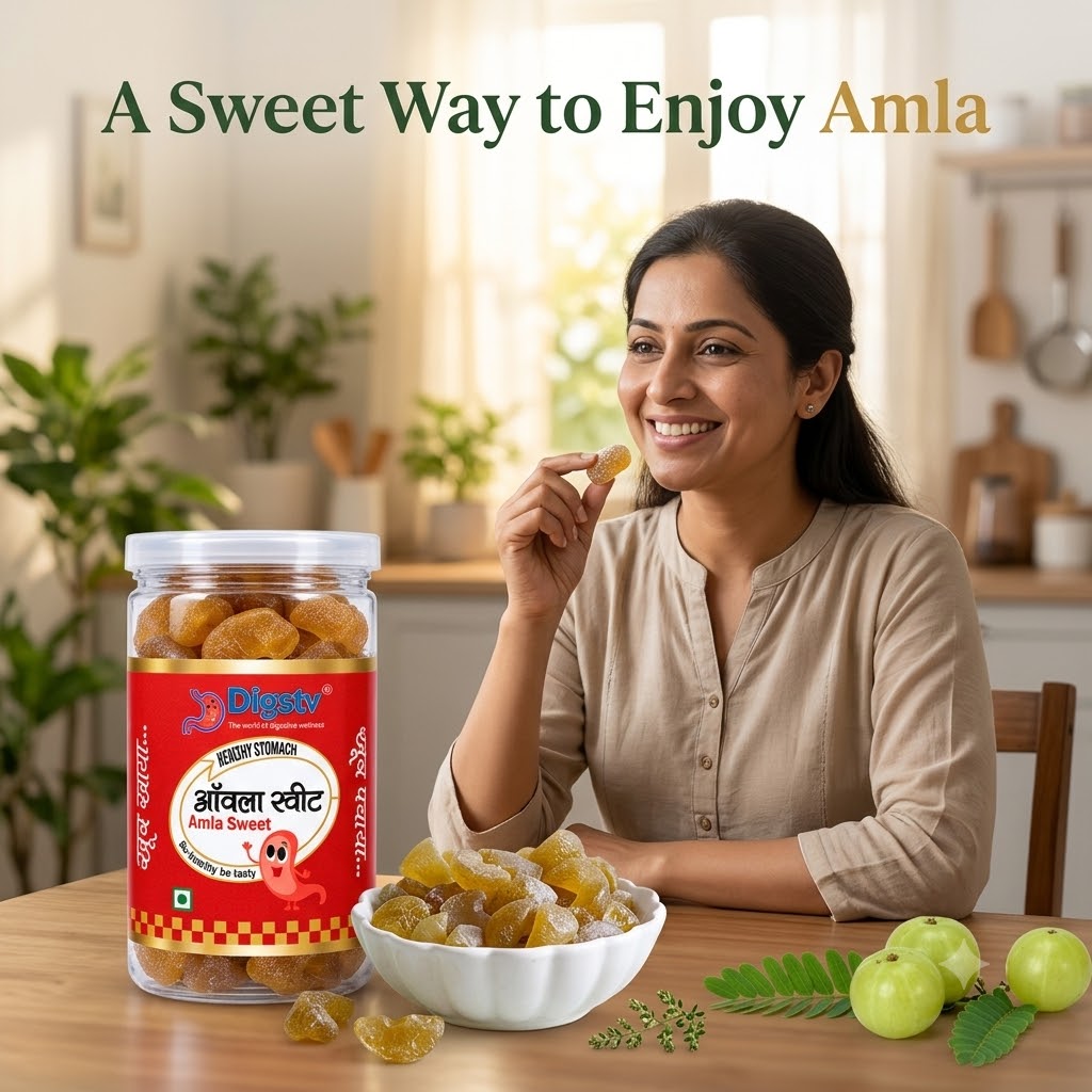 Woman enjoying Digstv Amla Sweet with the 100g product pack displayed on a table.