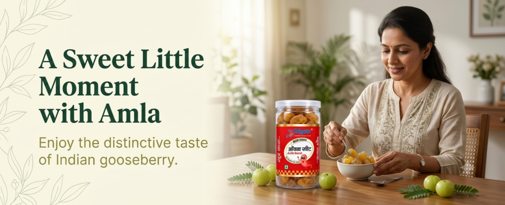 Indian woman serving Digstv Amla Sweet from a 100g jar at home.