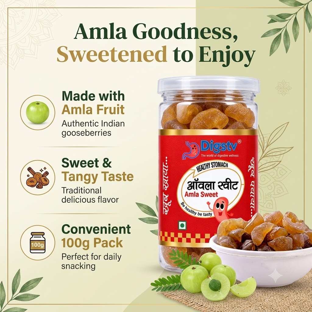 Digstv Amla Sweet product highlights with amla fruit and sweet amla pieces.