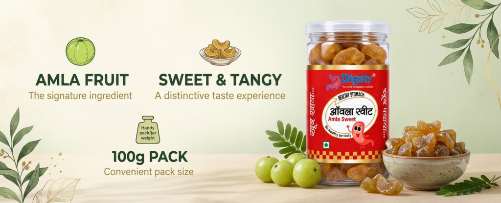 Digstv Amla Sweet product features with amla fruits and the 100g jar.