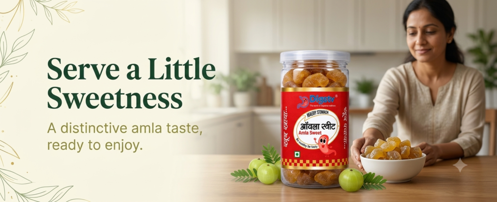 Digstv Amla Sweet jar with a serving bowl of sweet amla pieces.