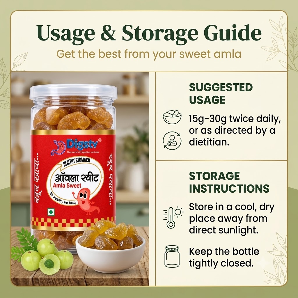 Digstv Amla Sweet 100g jar with a serving bowl and product storage information.