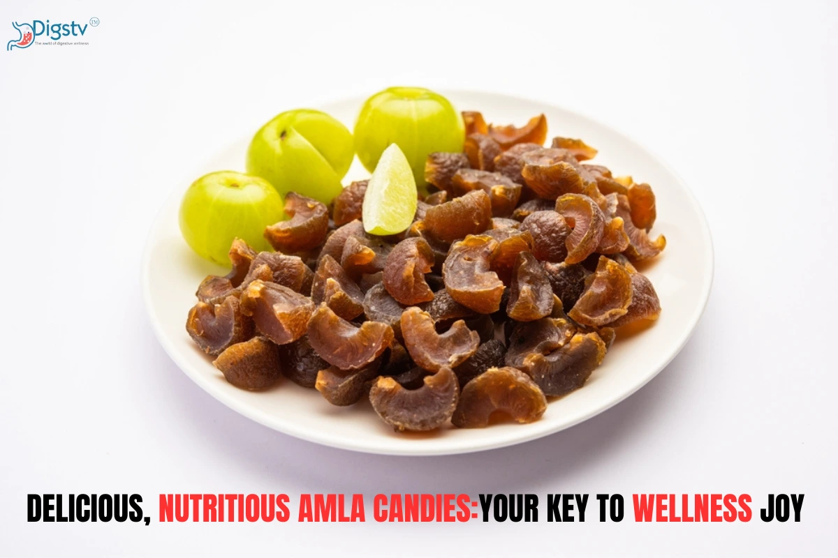 A tempting image of Amla candies, described as "Delicious, nutritious Amla candies - Your key to wellness joy.