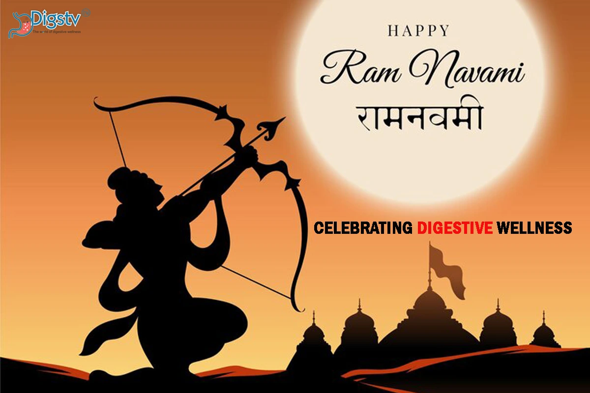 A colorful image depicting Rama Navami celebrations with wholesome foods for digestive well-being.